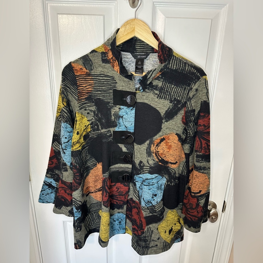 Ali Miles Womens Cardigan Size S Artsy Colorful Button Up Abstract Bell Sleeves